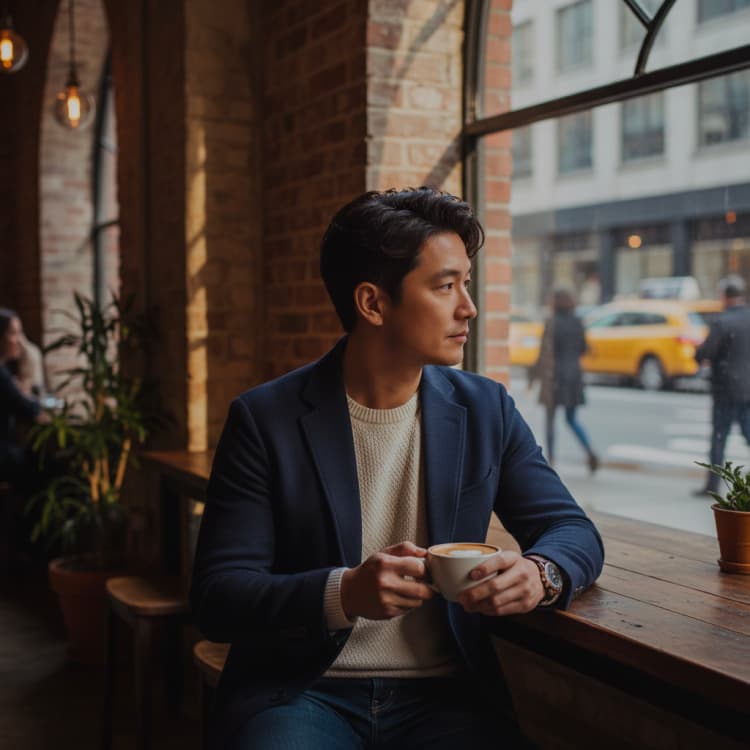 Man in a navy blazer holding a coffee cup by a cafe window