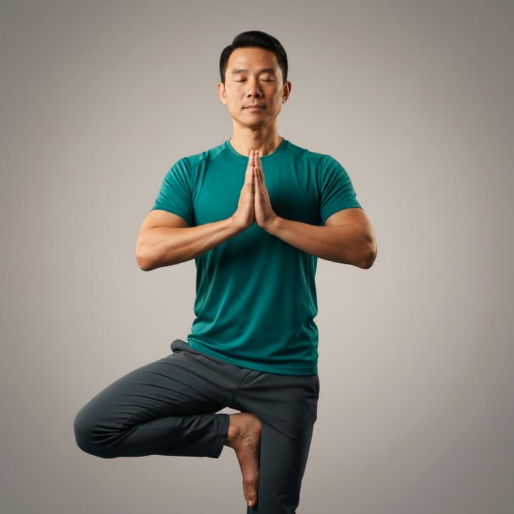 Man in a teal t-shirt balancing in a yoga tree pose with his palms pressed together