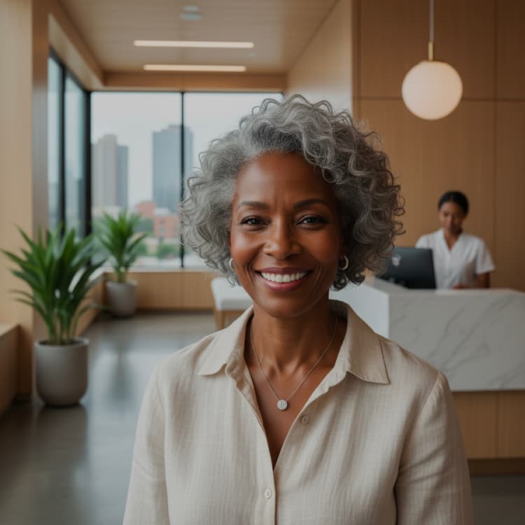 Smiling woman with grey curly hair in a bright clinic reception