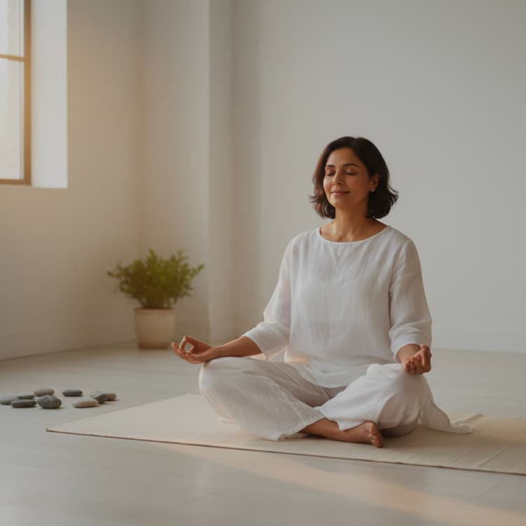 Woman in white linen meditating cross-legged on a mat in a sunlit room