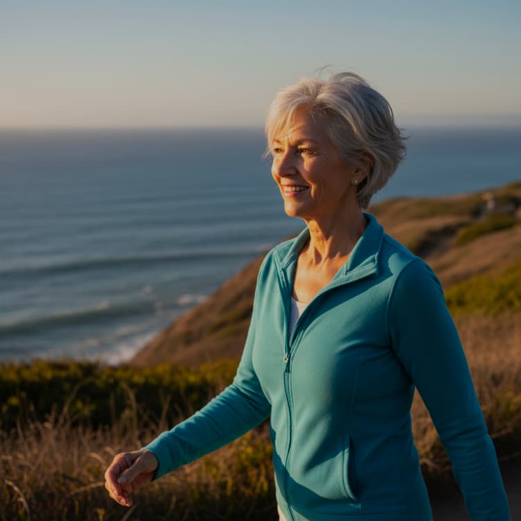 Woman with white hair in a teal fleece walking a coastal path above the sea
