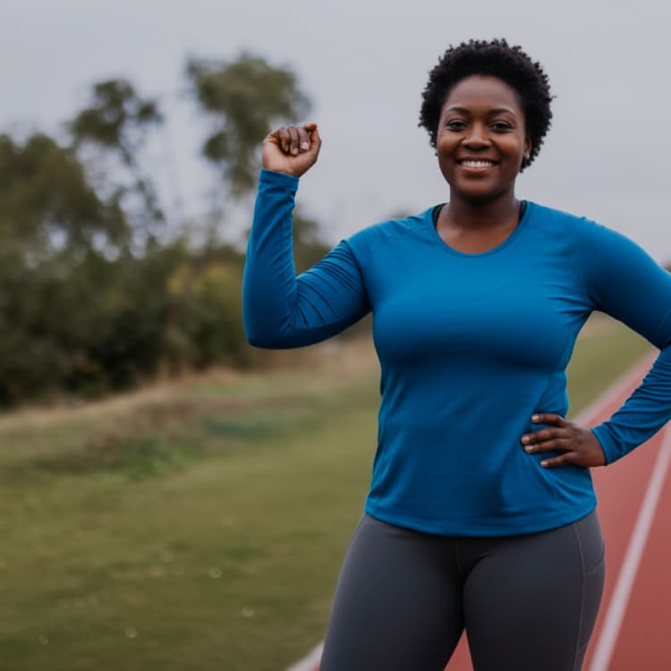 Smiling woman in a blue running top flexing one arm beside an athletics track