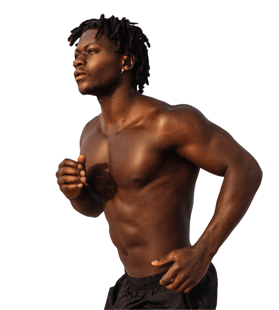 Man with locs running mid-stride, shown against a plain background