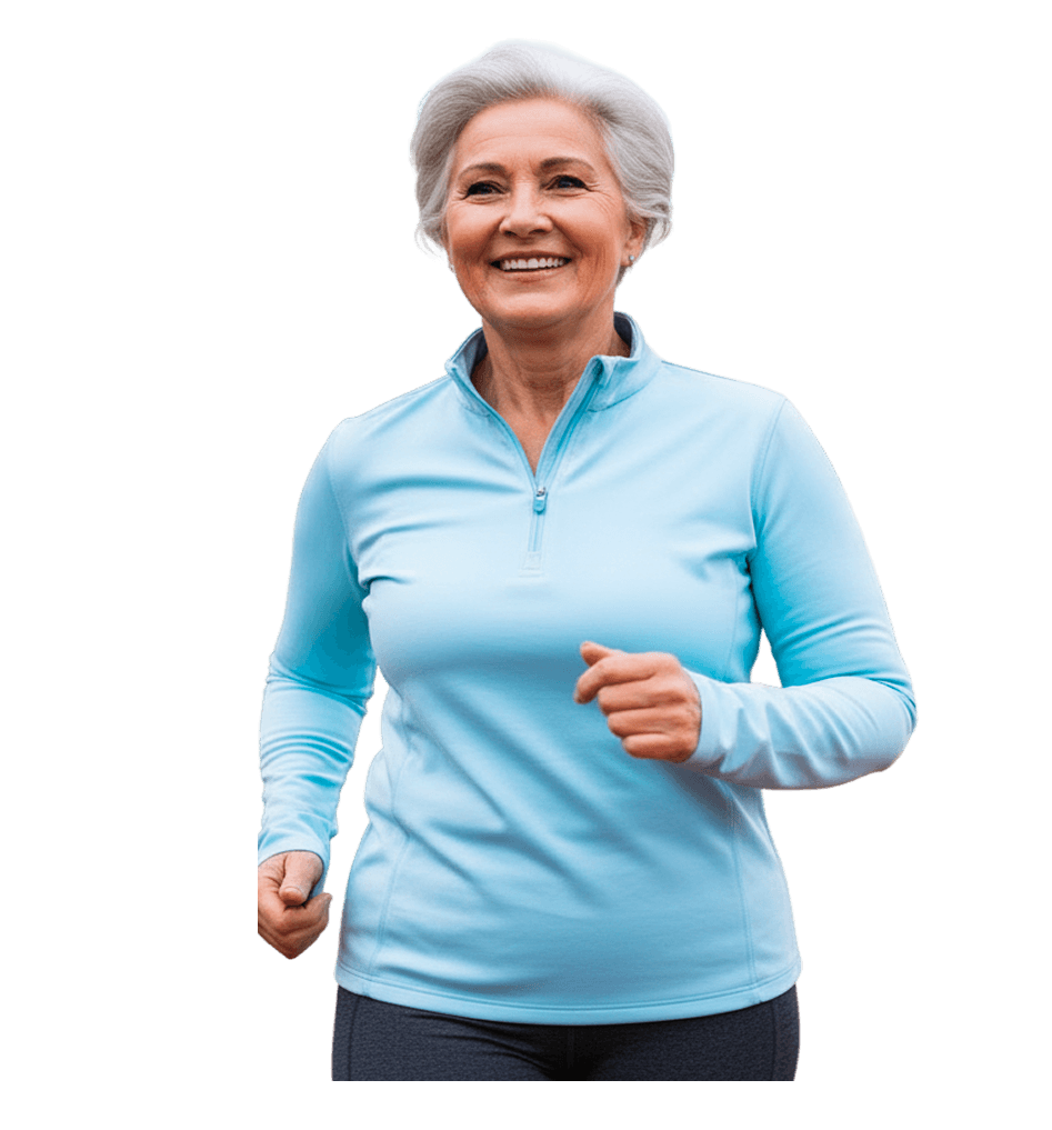 Smiling older woman with grey hair jogging in a light blue quarter-zip top