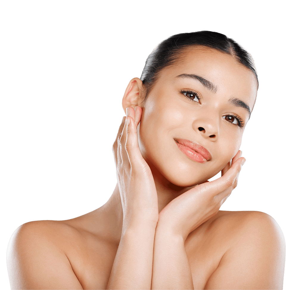 Smiling woman with her hair pulled back, resting both hands against her cheeks, shown against a plain background