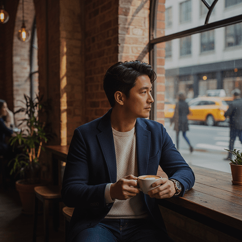 Man with curly hair seated in a cafe