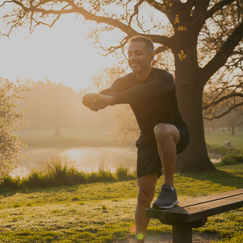 Man stretching against a tree at sunrise